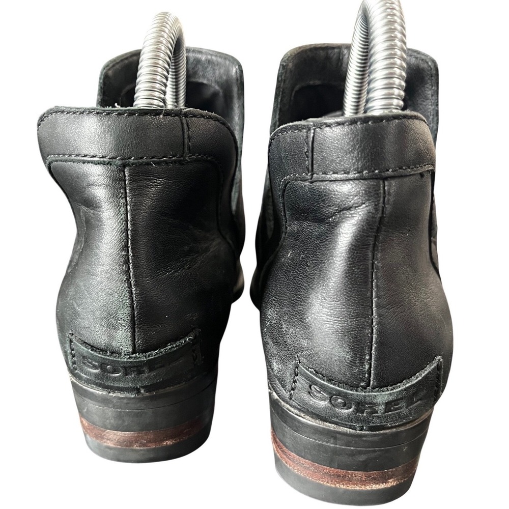 Sorel Lolla Cut-Out Black Leather Ankle Boots Women Stacked Heel Booties SZ 8.5 - Picture 3 of 10